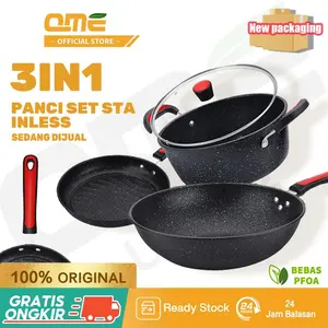 QME- Panci Set Marble Anti Lengket Peralatan Masak 3PCS Peralatan Dapur Cocok Untuk Semua Kompor Wajan Panci Paket Keluarga Set QM-2430 marble Penggorengan Stainless Kitchenware Aluminium Baja