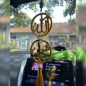 Gantungan Spion Mobil Allah dan Muhammad Bahan Acrilik Emas Diameter 6 cm BULAT - idecreative