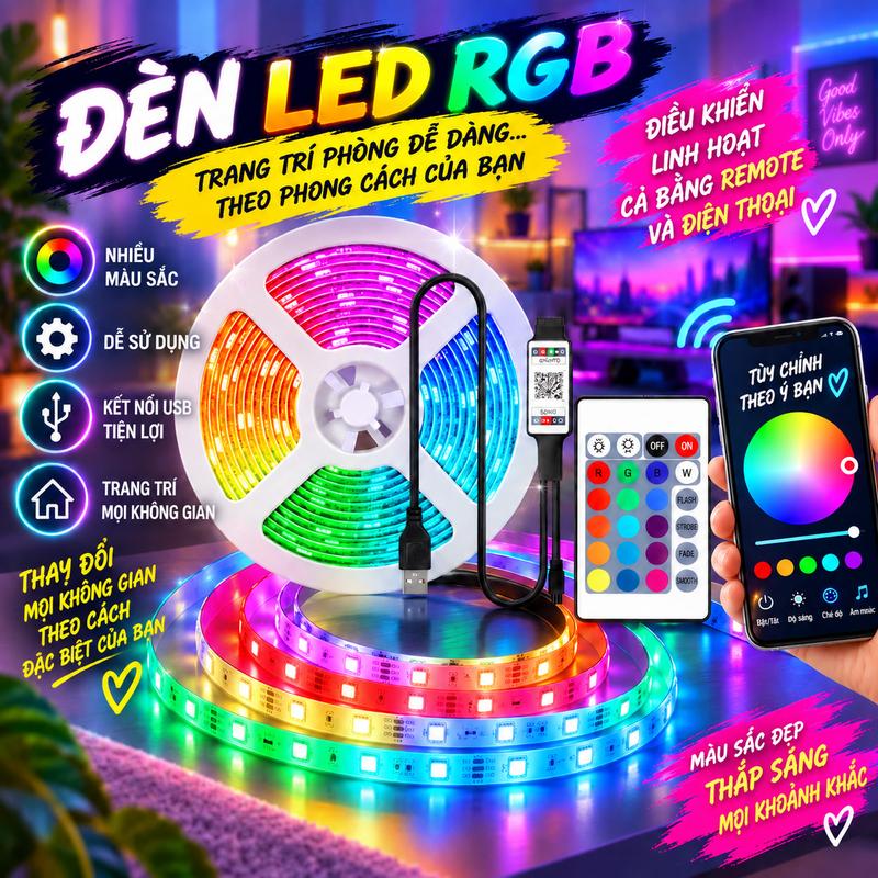 Đèn LED Dây RGB Bluetooth USB Trang Trí Phòng, Đổi Màu Qua App & Remote, Chọn Màu Bằng Vòng Xoay Trên Điện Thoại, Hàng Nghìn Màu Sắc, Nhiều Chế Độ Ánh Sáng, Decor Phòng Ngủ, Bàn Học, Góc Gaming, Nội Thất Hiện Đại, Tạo Không Gian Thư Giãn Cực Chill