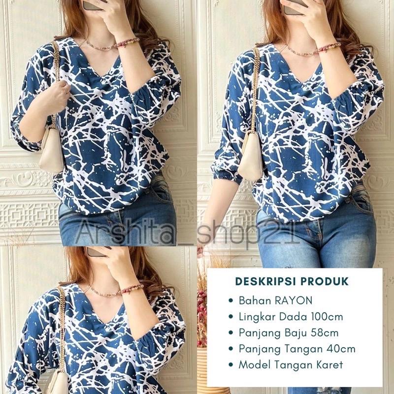 HANA [01] BLOUSE || [B01101] ATASAN WANITA TERLARIS BAHAN RAYON PREMIUM BLOUSE KEKINIAN LEHER V SIMPLE ELEGAN TANGAN 7/8 KARET MOTIF TERBARU