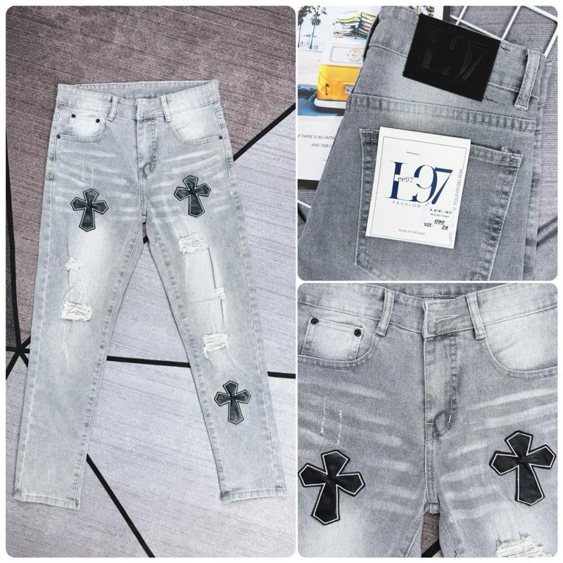 Quần jean nam xám rách phối chữ thập chất vải dày hottren menswear
