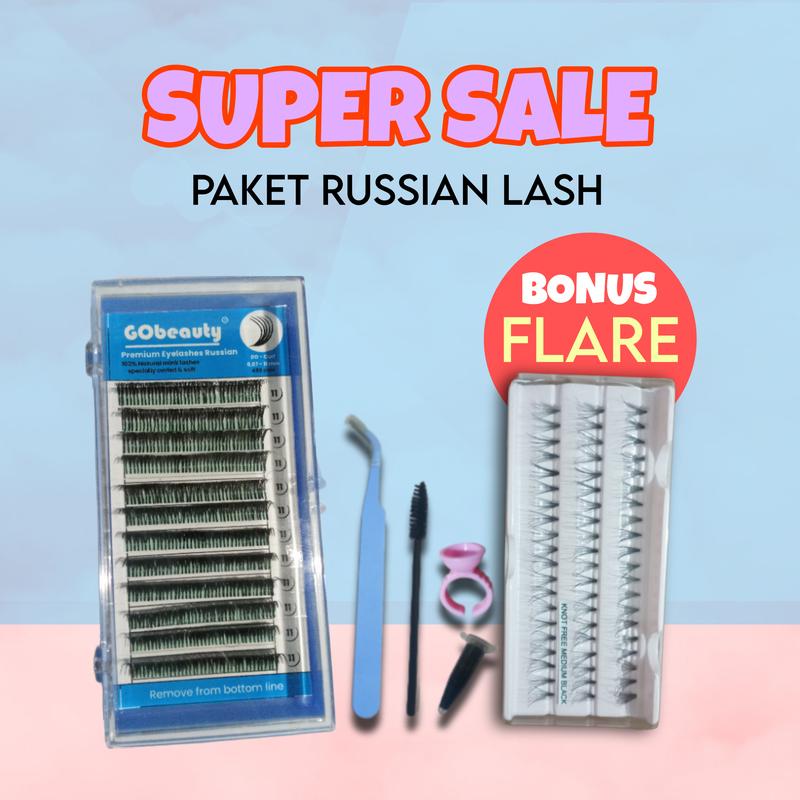 PAKET EYELASH EXTENSION - russiann 5 IN 1 lem 0.5 ml bonus knotfree 60 point 0