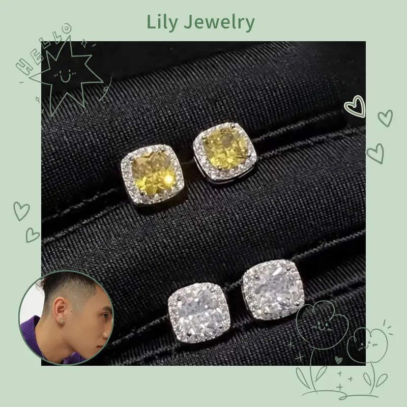 S925 Silver Yellow Diamond Men's Earrings Fashion Simple