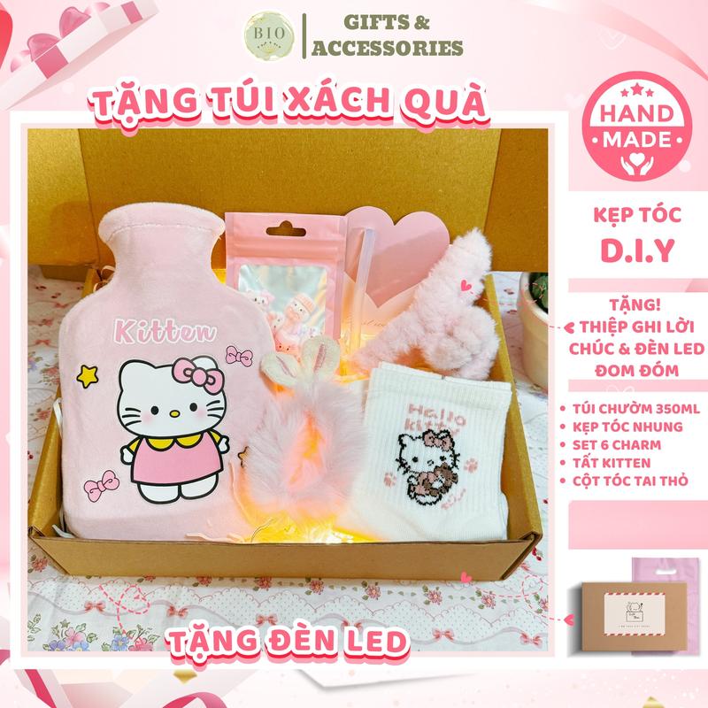 Bộ quà tặng bạn gái túi chườm CAPYBARA, LABUBU mix kèm set nguyên vật liệu kẹp tóc handmade tự làm bằng len nhung tặng kèm đèn led, charm sticker và keo nến