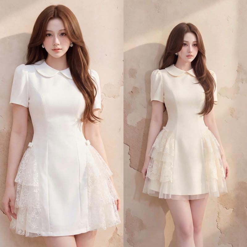 MiiuShop- Váy thiết kế chéo 3 tầng ren sườn, đầm xoè ngắn