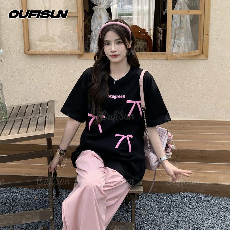 Product Introduction of Kemeja-T Corak Ikatan bentuk rama-rama Merah Jambu, Bersaiz Besar, Pakaian Wanita, Fesyen Gadis Melengkung, Gaya Korea, Longgar, Baju Uniseks 12