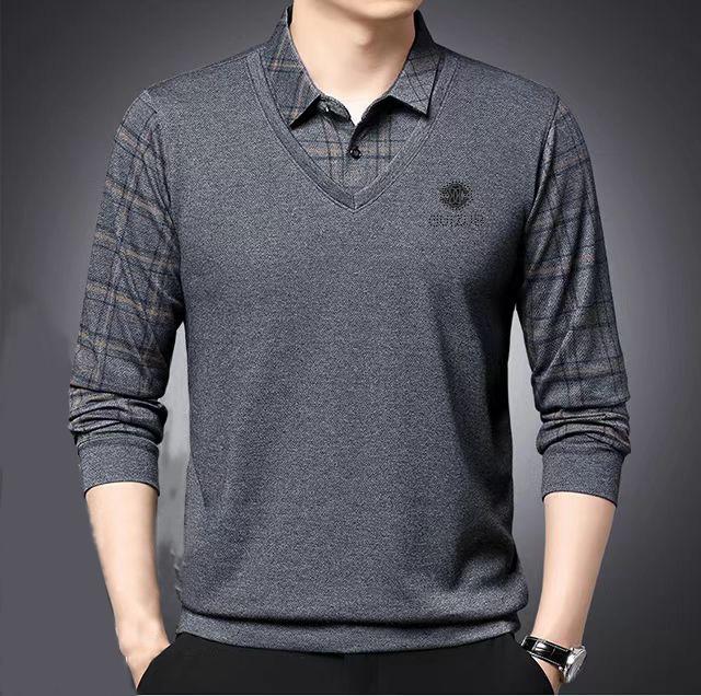 Product Introduction of Men's silk fabric fake two POLO loose grid solid color casual T-shirt with silk print top Menswear Lingerie 1