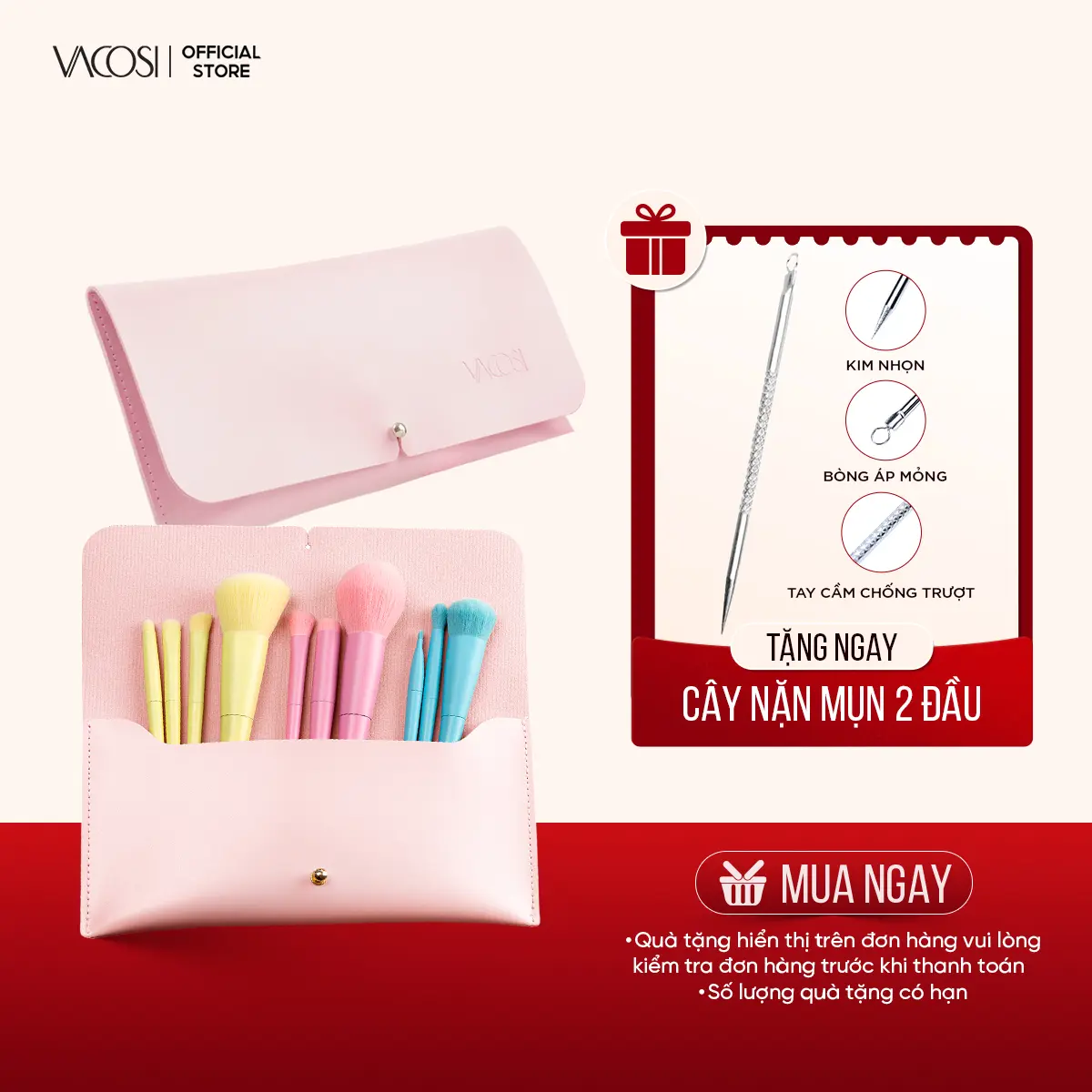 Bộ Cọ Trang Điểm Cá Nhân 10 Cây VACOSI Ví Da Hồng Chuyên Dụng, Lông cọ An Toàn Cho Da, BC34