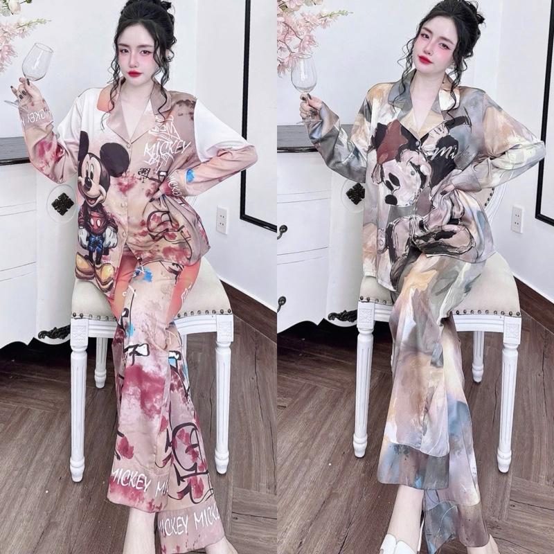 Size 45_68kg. Quần 96cm . Đồ Bộ Nữ Pijama Lụa Latin Mềm Mát . Có Túi . Cổ Truyền Thống