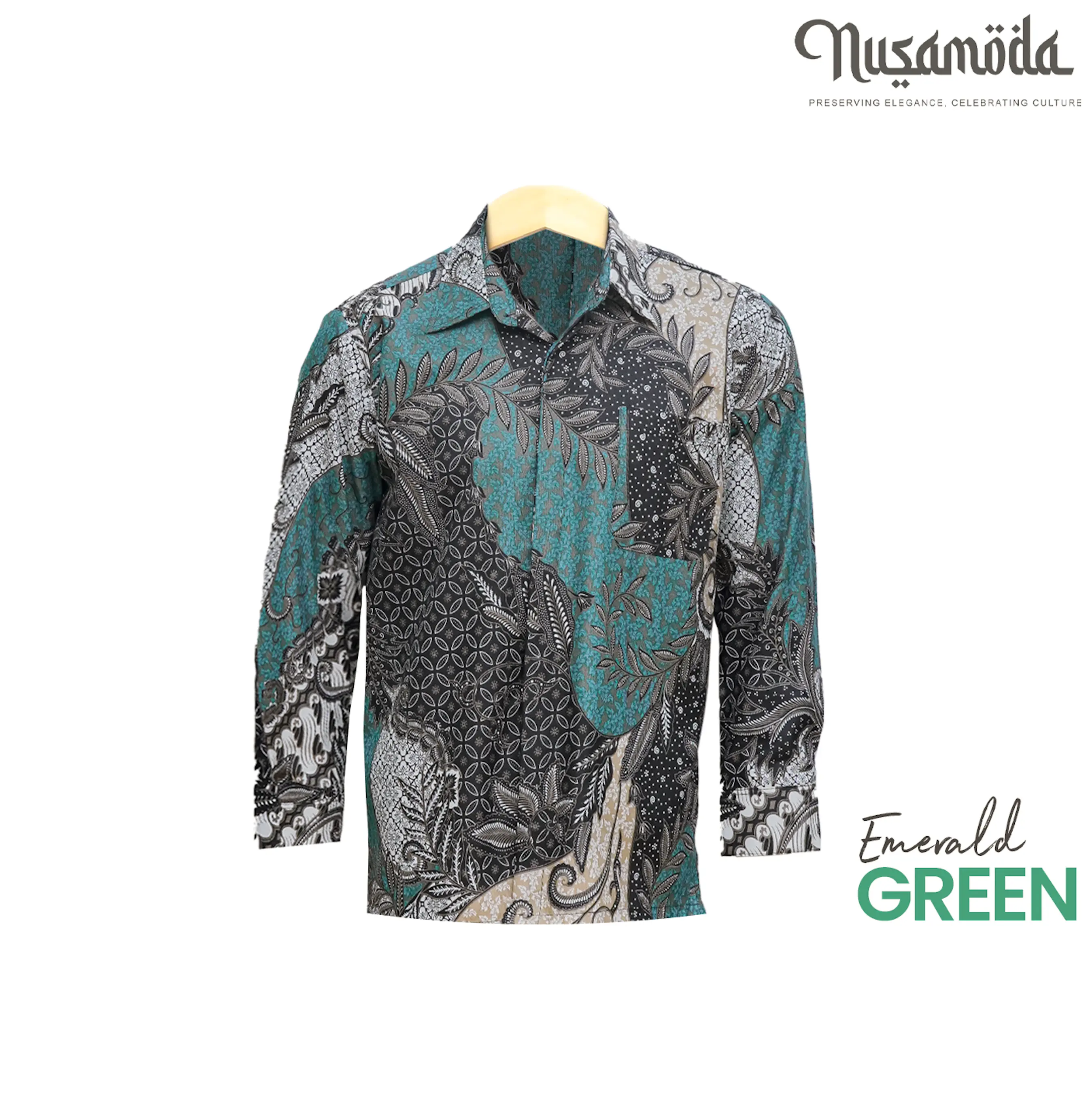 Kemeja Batik Lelaki Lengan Panjang Emerald Green - Kain Sejuk (Asian Size - Ambil 1 Saiz Lebih Besar Dari Saiz Biasa Pakai) -LS