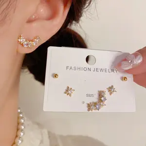 EAR PARTNER-S925 Jarum perak Set indah dan serbaguna, set anting tiga potong bintang Zircon penuh, mode khusus, anting desain sederhana