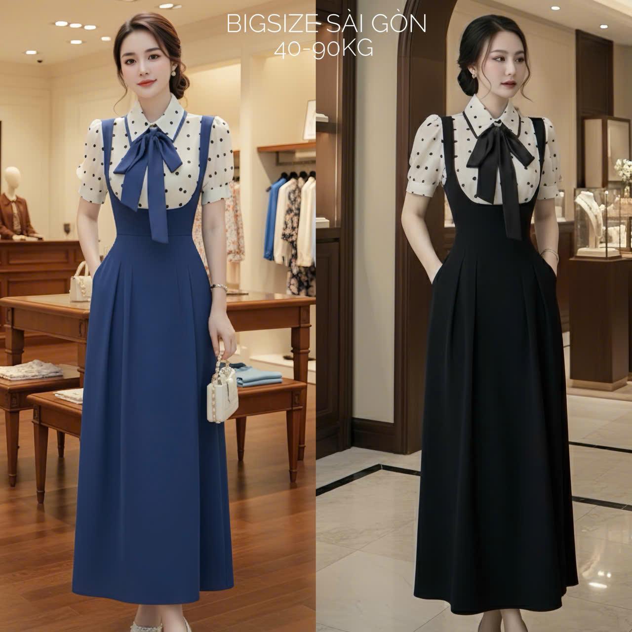Váy Dự Tiệc Chấm Bi Đính Nơ Vải Lụa Măng Gồ Phối Cotton Bigsize 40 - 95Kg Thời Trang Nữ - B.1389