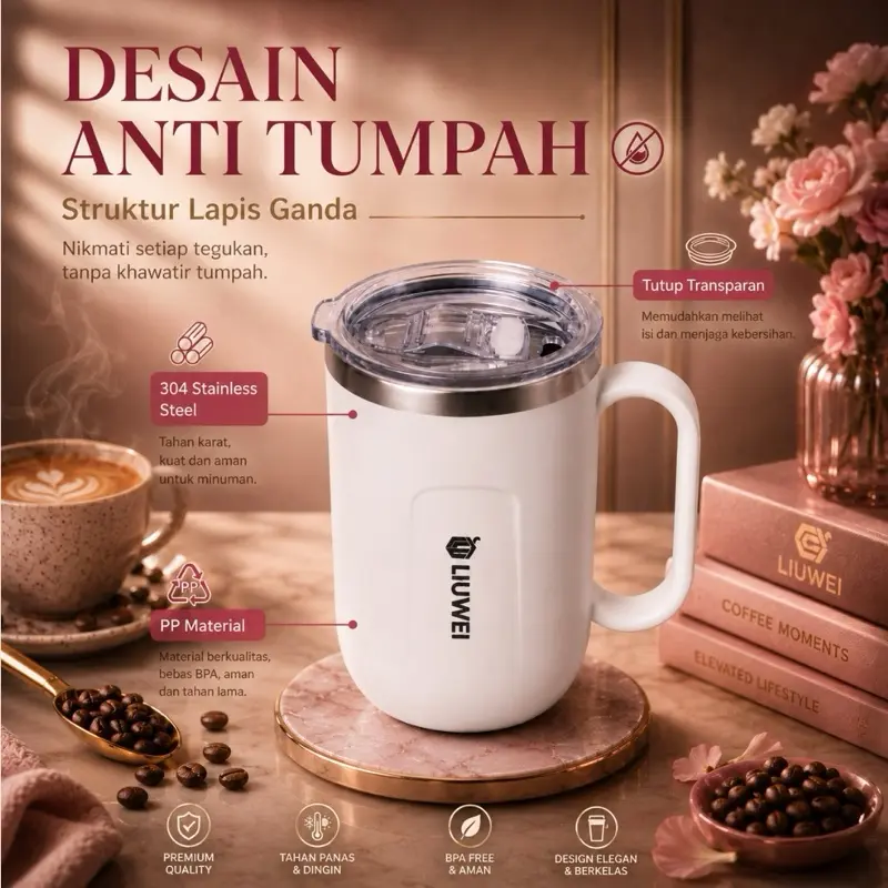 Liuwei Mug Tumbler 304 Stainless Steel 400ml Tahan Panas Dingin Anti Tumpah dengan Penutup & Pegangan Gelas Kopi Teh Kualitas Premium