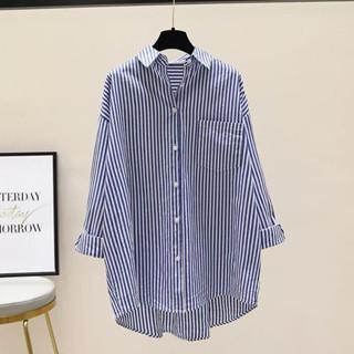Briana Kemeja - Size S M L XL XXL 3XL 4XL/5L - Kemeja Wanita Jumbo - Kemeja Salur Jumbo - Kemeja Salur Jumbo - Kemeja Wanita Big Size Atasan Panjang Baju Kancing Katun Casual Kerja Oversize Navy Cewek 4