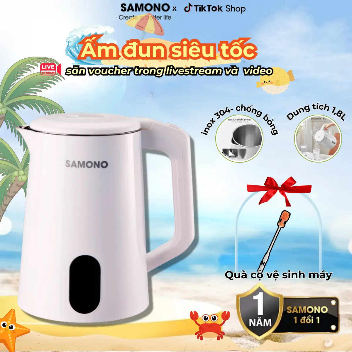 [BH 1 năm] Samono Ấm Siêu Tốc  1500W, Dung Tích 2L ,  với inox304 cao cấp, 2 lớp chống nhiệt, dễ vệ sinh Bình Đun Nước  pha sữa và chống bỏng chống trượt SW-EKW18