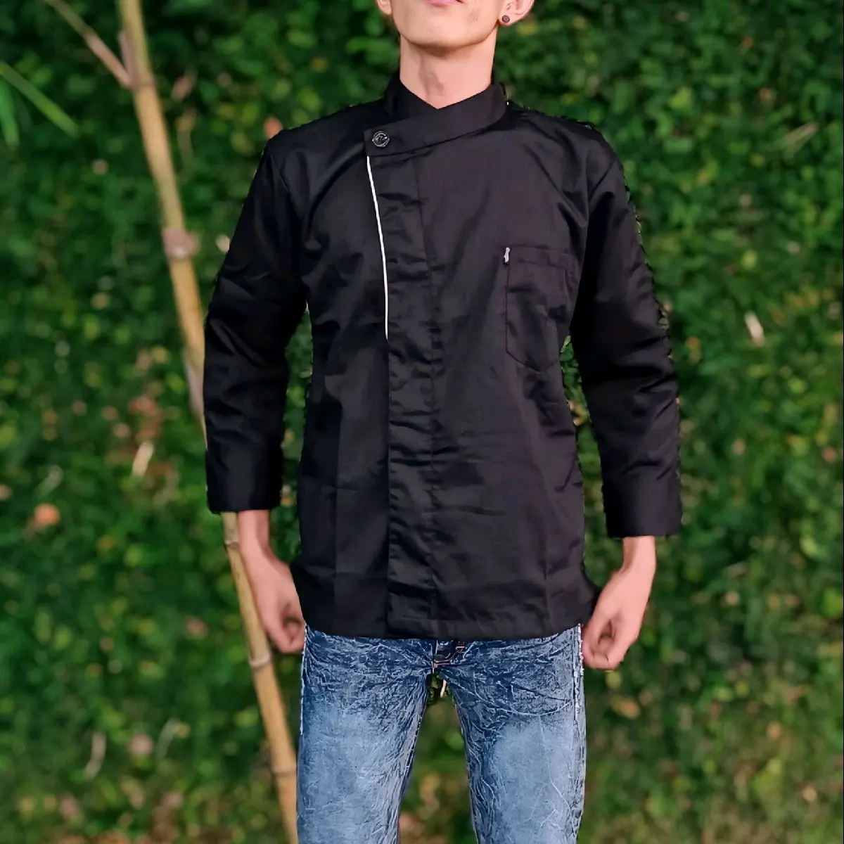 Baunster Baju koki Kancing Dalam Bahan Drill Int size Pria Panjang Pendek