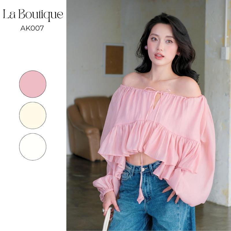 LA BOUTIQUE - Áo Kiểu Babydoll Vải Tơ Mềm Tay Phồng Form Rộng Phối Dây Rút - AK007-2508LAT