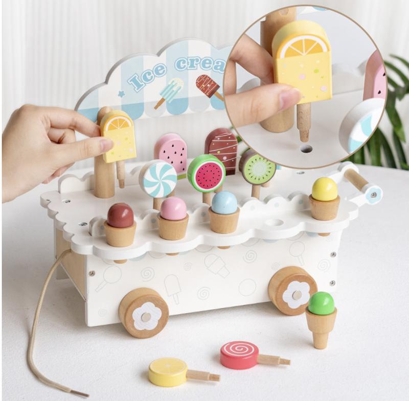 Product Introduction of Wooden simulation ice cream cone ice cream machine, boys and girls ice cream cart, children play house toys gifts 29