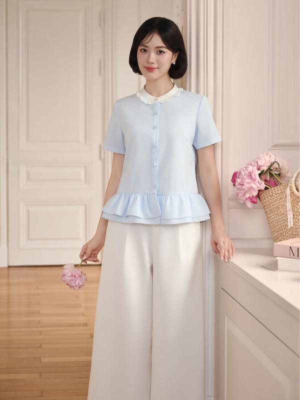 Áo sơmi nữ cổ tàu phối bèo Cyan BEAUTE BY V CLOTHING Quần ống rộng trắng basic cạp liền Irina