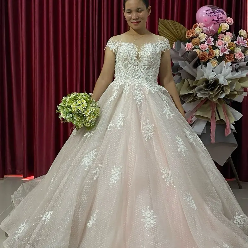 Dress Pengantin Wanita Panjang Prawedding Baby Pink untuk Acara Pesta - Putih