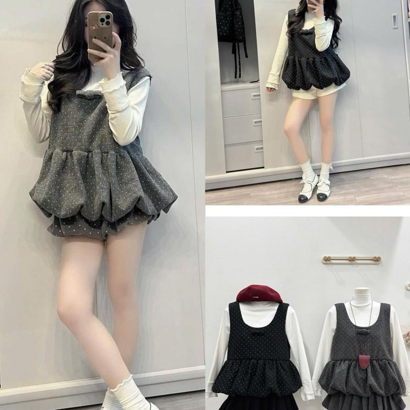   KO KÈM QUẦN  Set Yếm Dạ Tweed Chấm Bi Form Bí Phồng Phối Áo Thun Trắng Dài Tay– Style Tiểu Thư Hàn Quốc 