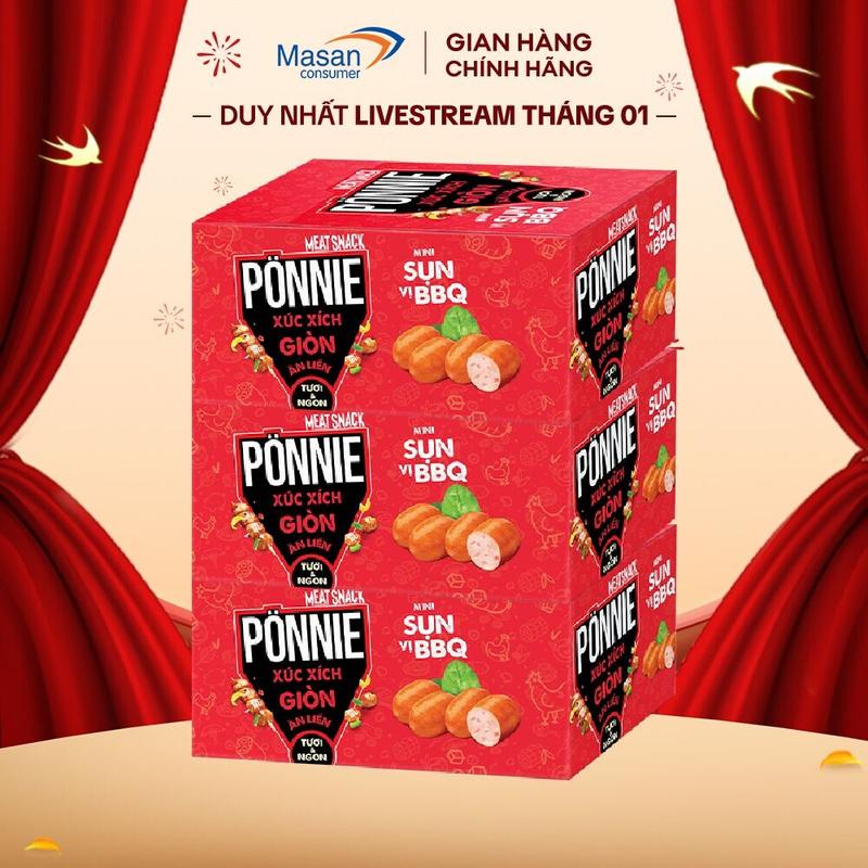 Combo 3 Xúc Xích Giòn Ponnie Sụn Vị BBQ Ăn Liền Hộp 60 Cây 20g