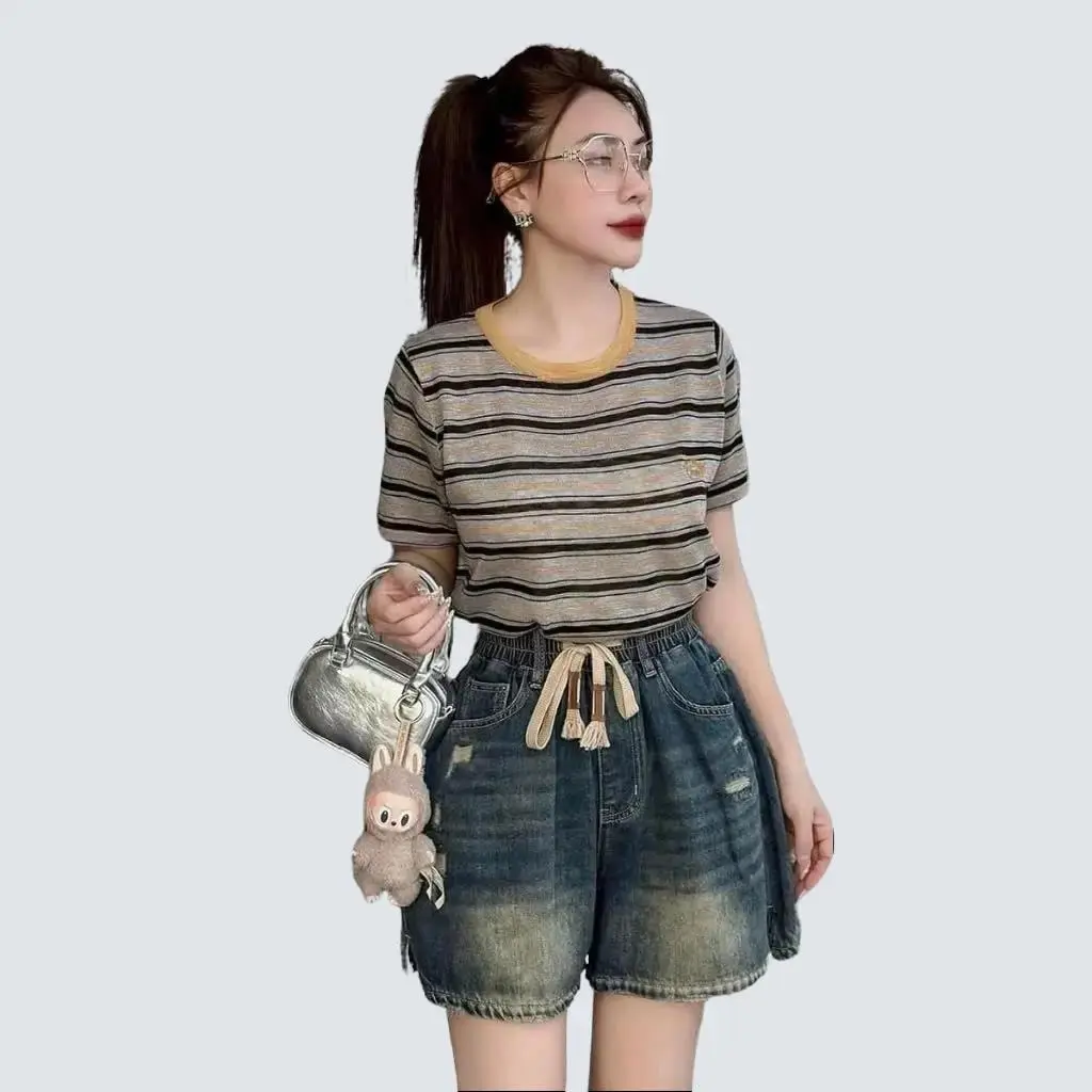 Quần short nữ jeans rách cào thời trang phối dây rút eo co giãn năng động cá tính