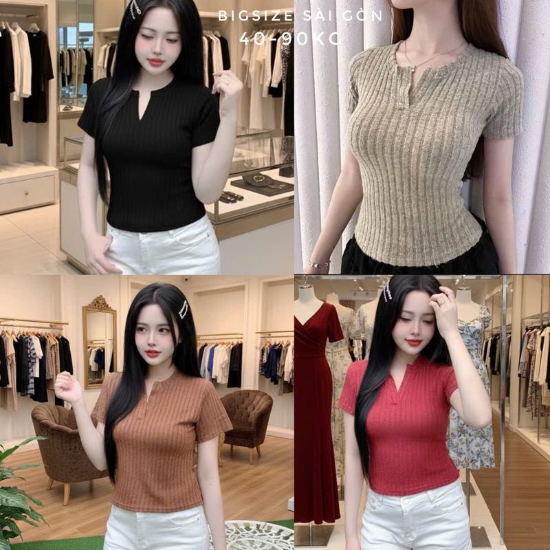 Áo Thun Nữ Tay Ngắn Phối Cổ V Vải Len Lông Cừu Mềm Mịn Dày Dặn Cao Cấp Thanh Lịch Bigsize 45–90kg Béo Xinh Shop - A.1671