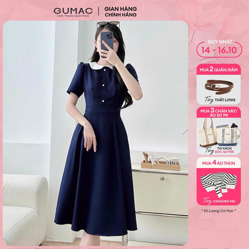 [MUA 2 TẶNG THẮT LƯNG] Đầm nữ dáng A xòe xanh đen thiết kế cổ bâu trắng có túi công sở đi chơi thời trang GUMAC LDE0821