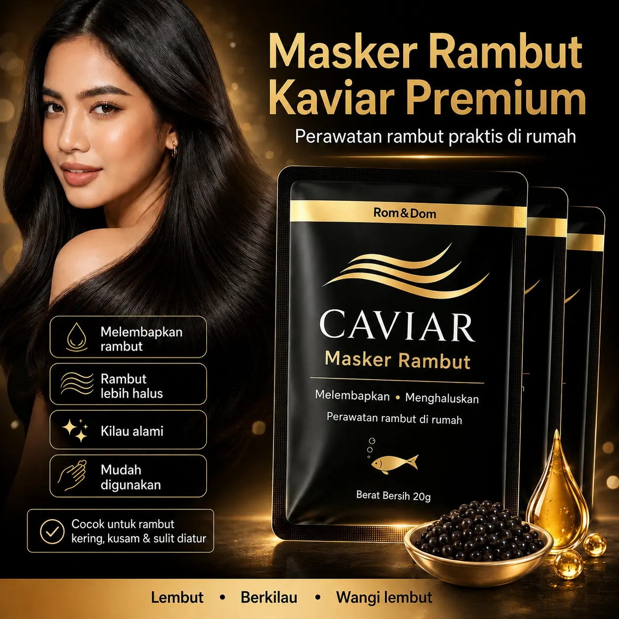 Masker Rambut Kaviar Premium Rom&Dom Perawatan Rambut di Rumah, Tekstur Lembut untuk Rambut Kering Sulit Diatur, Tampak Lebih Berkilau & Terawat