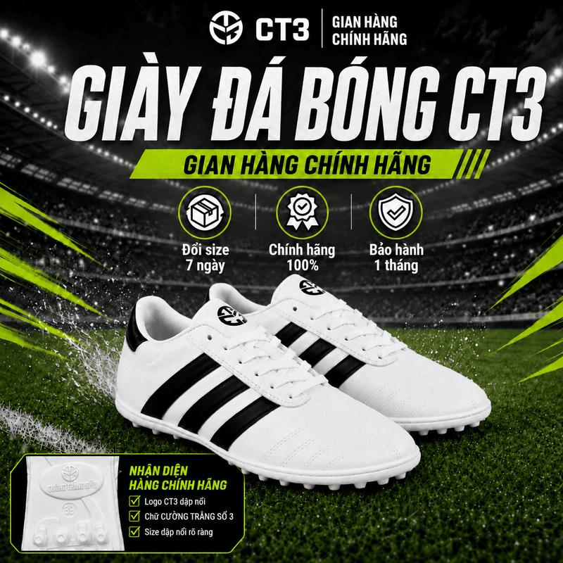 Giày đá bóng ba sọc CT3, giày đá banh sân cỏ nhân tạo, chất liệu cao cấp khâu toàn bộ đế