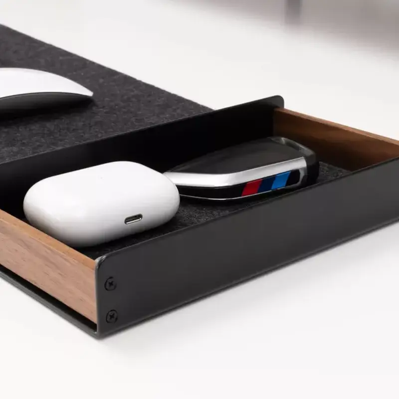 Wooden Desk Tray Organizer Box - Catchall Wood with Metal Felt Premium 3