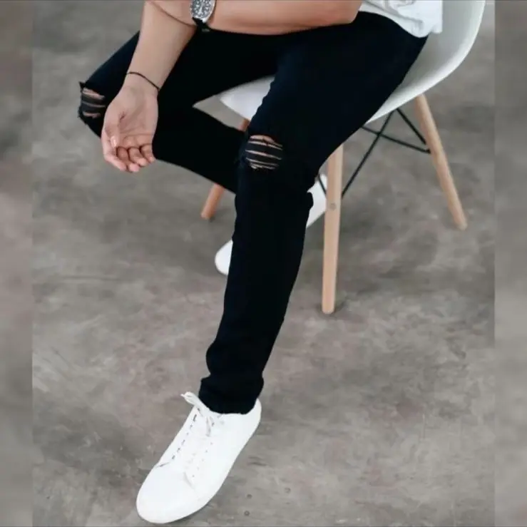 Celana Jeans Panjang Sofjeans Hitam Sobek Lutut Pria 28-33  Stretch Slimfit Skinny Denim Distro Cowok Dewasa