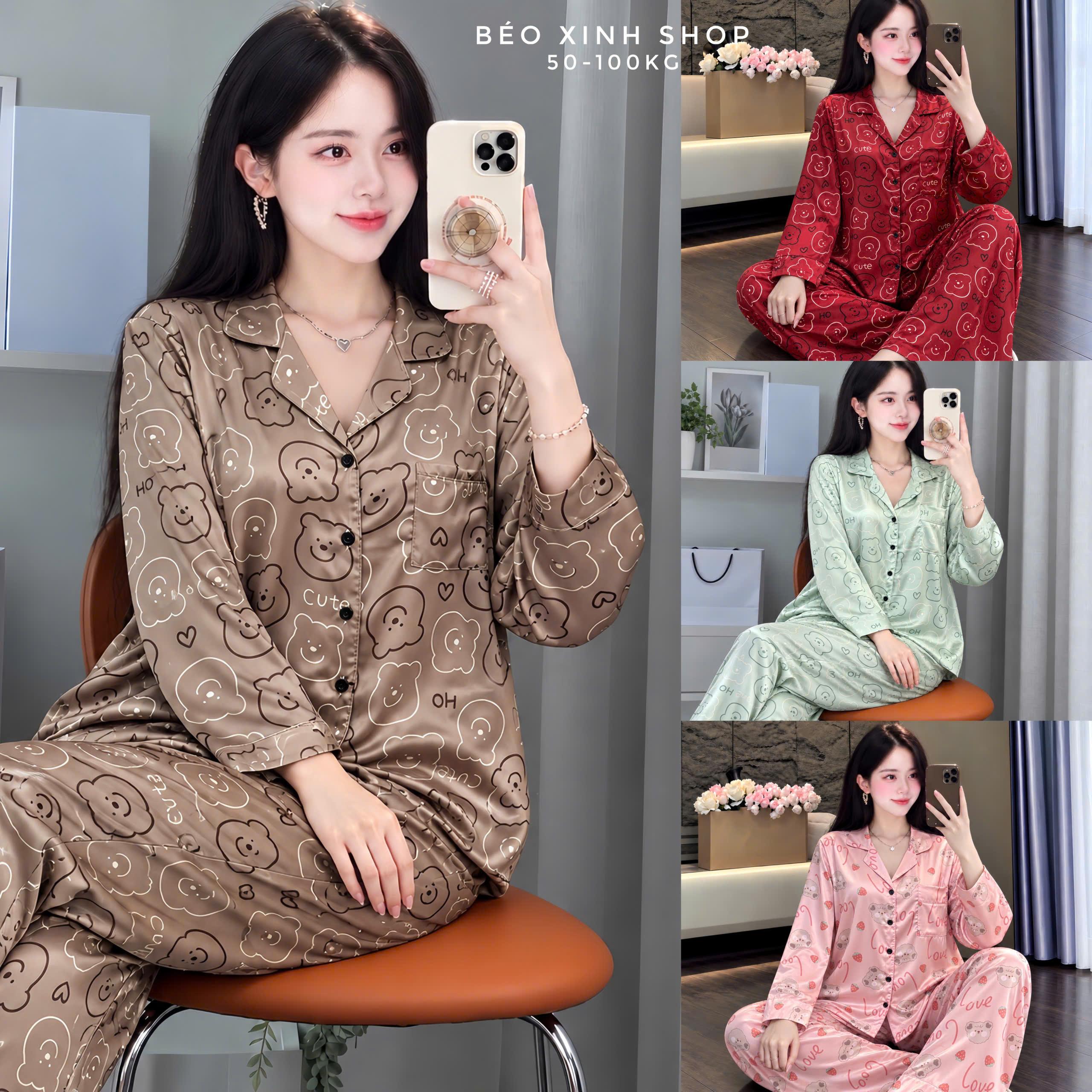 Đồ Bộ - Đồ Ngủ Tay Dài Quần Dài Vải Lụa LaTin QC Cao Cấp Pijama Bigsize 50-100kg Béo Xinh Shop - A.5666