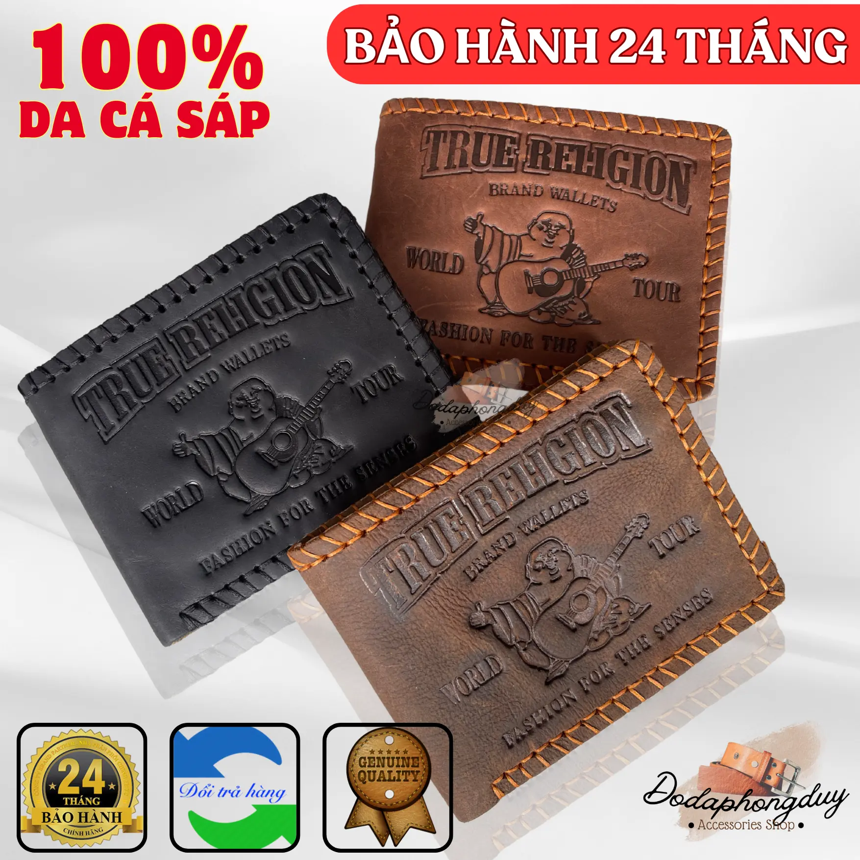 Ví Nam Da Bò Sáp Dập Ông Địa Tài Lộc Viền May Chỉ Thủ Công - Bảo Hành 24 Tháng
