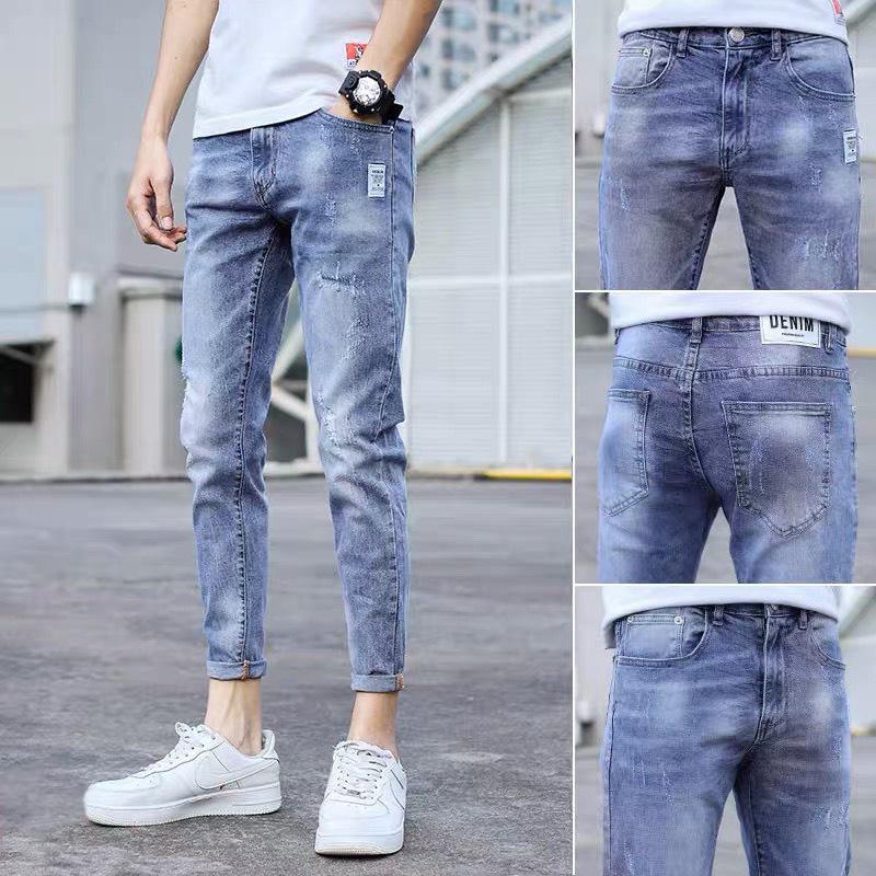 Quần jean nam rách xước xanh bạc cao cấp chất bò co giãn ống đứng dáng ôm skinny KMD21