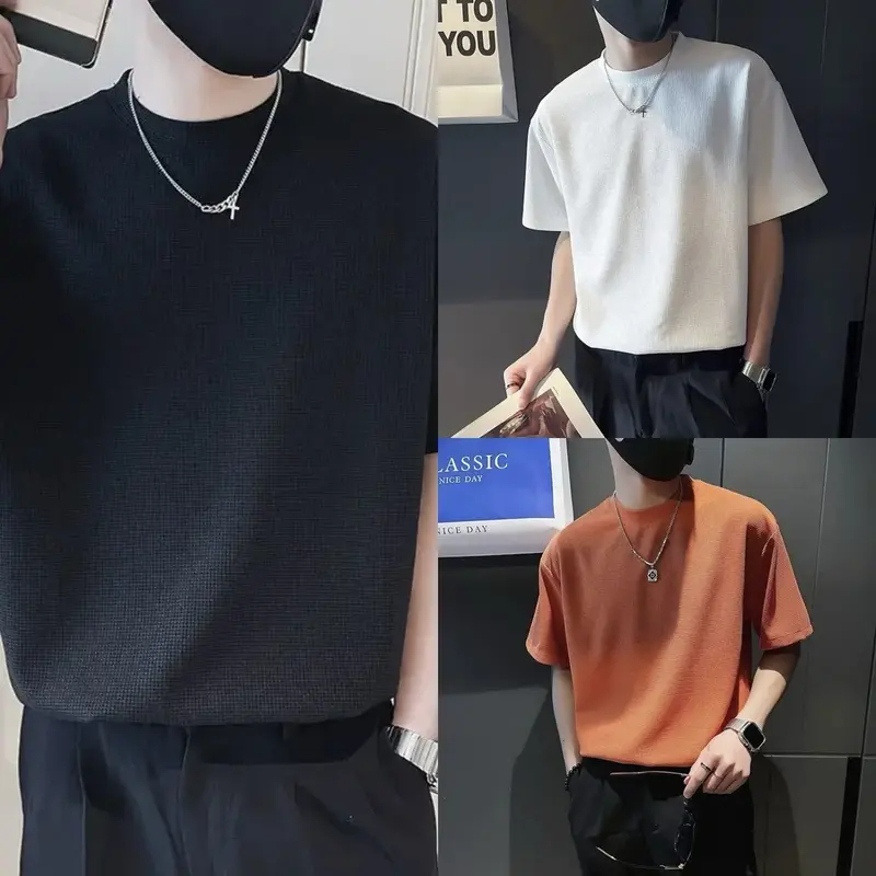 Paket Hemat 3Pcis Kaos Waffle Knit Lengan Pendek Pria - Baju Knitwear Hitam baju distro Jaket 3