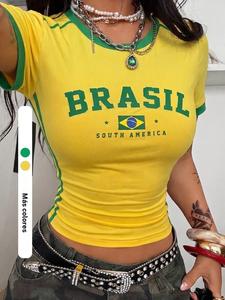 Camiseta deportiva casual para mujer con cuello redondo y rayas laterales en contraste, color Brasil, impresión de bandera, todas las estaciones, estilo Y2K