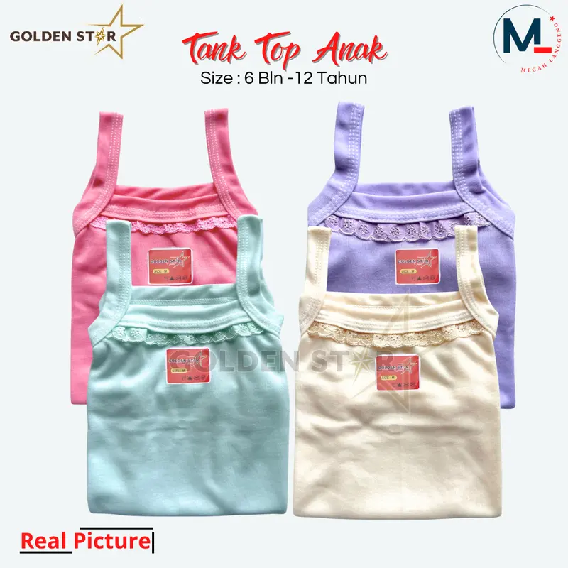 6 & 12 tentop anak warna warni / tangtop anak perempuan Renda / tangtop anak lusinan golden Star / tentop anak  6–12 tahun tank top anak 9–12 kaos dalam baju dalaman Fashion Atasan 7