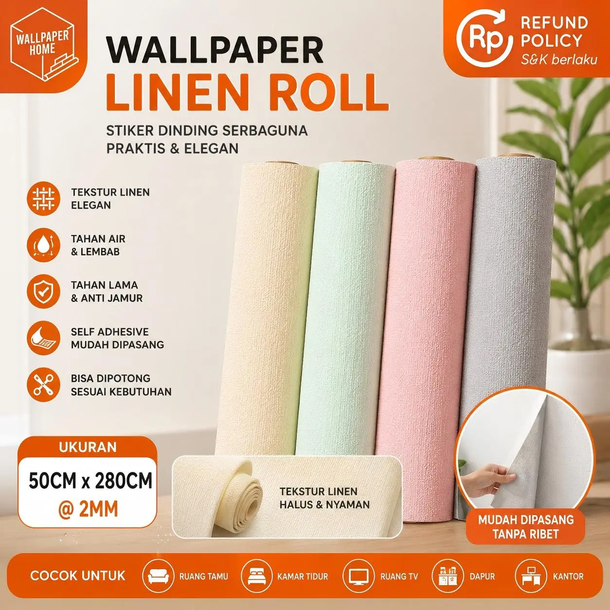 Wallpaper Linen 3D Foam Kulit Jeruk Timbul 50cm x 280cm dengan Perekat Anti Air dan Noda - XPE Foam 3D Timbul Realistik - Dinding