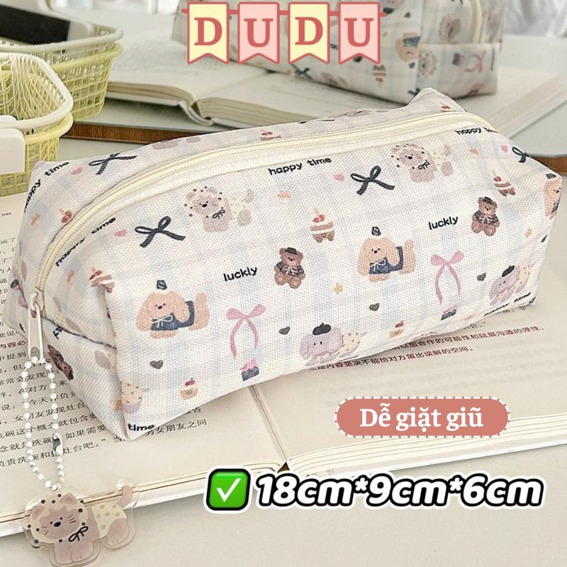 DUDU Túi Đựng Bút Happy Time Vải Canvas Dễ Giặt Giữ Kích Thước 18cm x 9cm x 6cm Hộp Đựng Bút INS DUDU Bóp Viết Dễ Thương