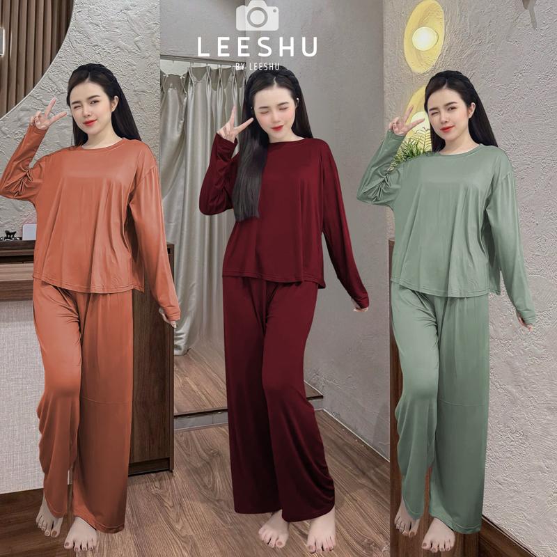 Bộ Thun Lạnh Tay Dài -Quần Suông Ống Rộng Có Bigsize Nam Nữ Mặc Nhà ủ Kem Chất Vải Cotton Lụa Siêu Mềm Mát Phù Hợp Bầu Bí Ở Cữ Chống Nắng Và Thu Đông - Leeshu