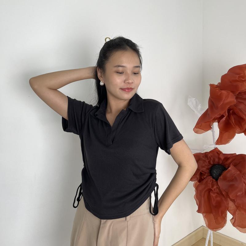 LAURA Baju Atasan Wanita - Crop Top Basic - Kaos Polo Berkerah Rib Polos - Knit Top Wangki Tali Serut 6