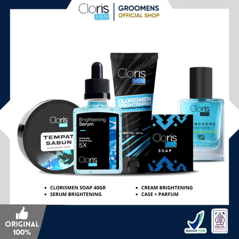 CLORISMEN Paket Brightening Series + Parfum Skincare Perawatan Mencerahkan & Memutihkan Wajah Pria Membersihkan Flek Hitam Komedo