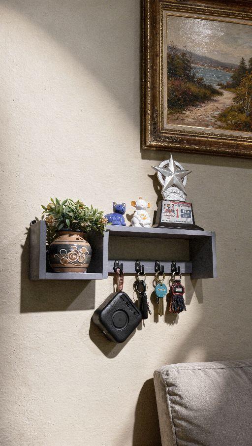 Rak Gantungan Kunci Serbaguna Minimalis & Modern Kayu Jati Belanda Warna Abu-Abu Premium dengan Desain Elegan dan Fungsi Multifungsi ambalan kebutuhan rumah model 2 garasi dinding tahan karat ruang belajar kait & rak tahan lama mendunia