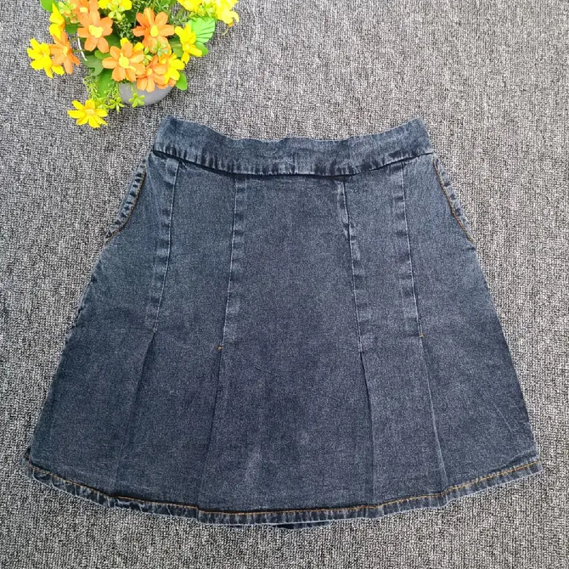 RCP-Rok celana pleated depan Rok belakang celana pinggang karet Santai Wanita Denim Jeans Biru Dewasa Nyaman Standar 1