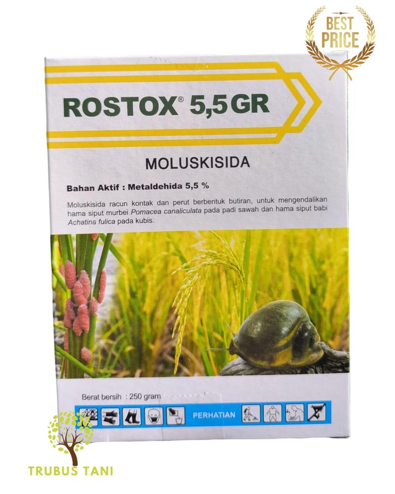 Rostox 5,5 GR adalah moluskisida (racun siput/keong) berbentuk butiran (granul)