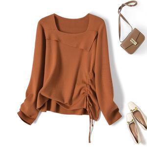 Kemeja Berkait, Leher Persegi, Lengan Panjang Asimetri, Pinggang Dipasang, Tali Serut, Atas Asas, Sesuai untuk Pakaian Musim Luruh, Saiz Besar, 68702