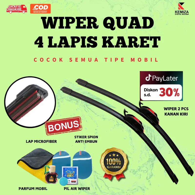 [BONUS 4] Wiper 4 Lapis Karet Wiper Quad Isi 2 Pcs Kanan Kiri Cocok Untuk Semua Tipe Mobil - Bergaransi Pembelian - Wiper Mobil Quad 4 Lapis Karet Universal 0