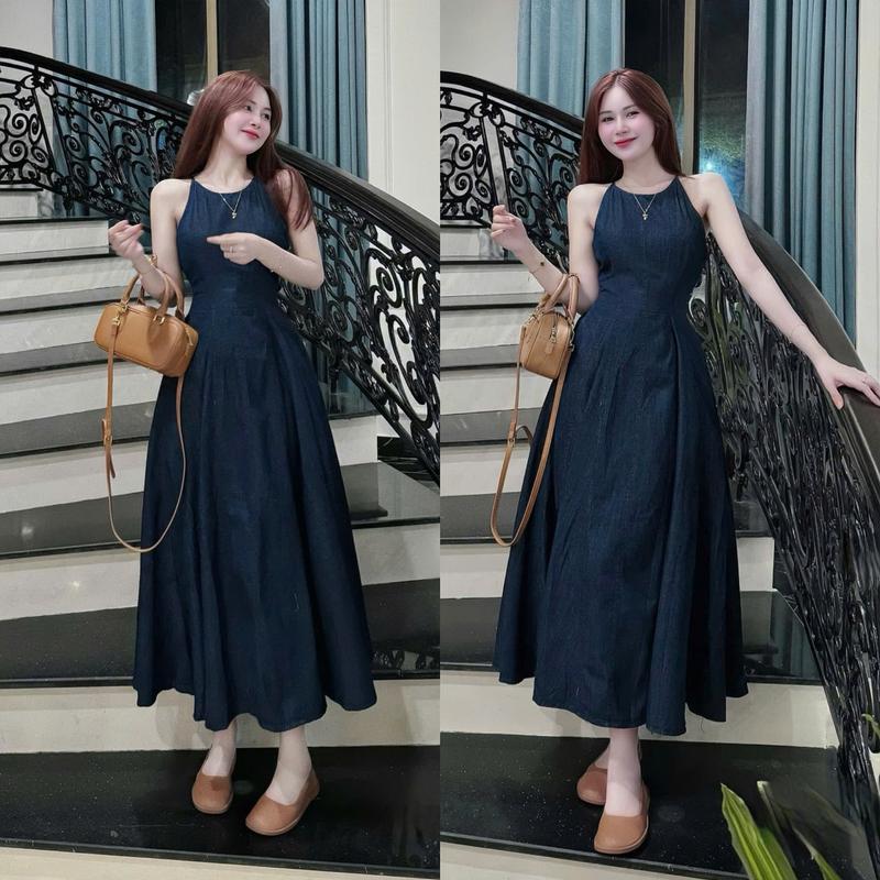 Đầm váy nữ jean lụa mềm thiết kế 2 dây dáng dài xòe với tone màu xanh xinh xắn sang chảnh dành cho các nàng diện đi chơi đi tiệc